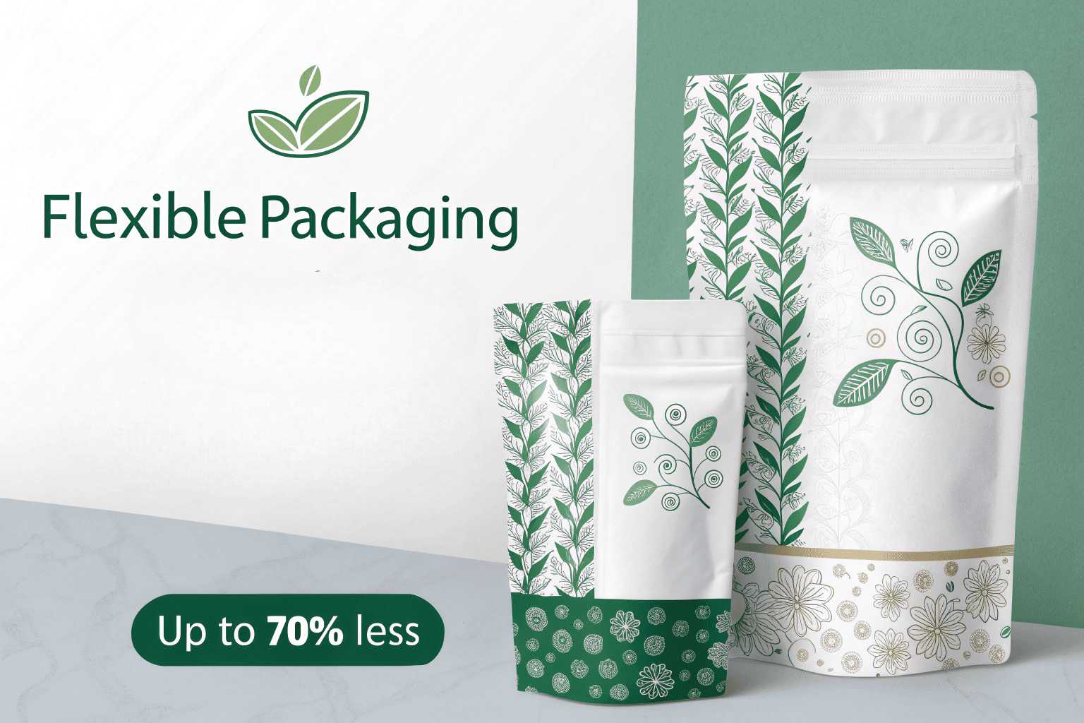 Eco-friendly stand-up pouches with botanical designs promoting up to 70% less material usage