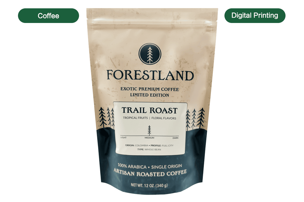 coffee beans stand up pouch digital printing