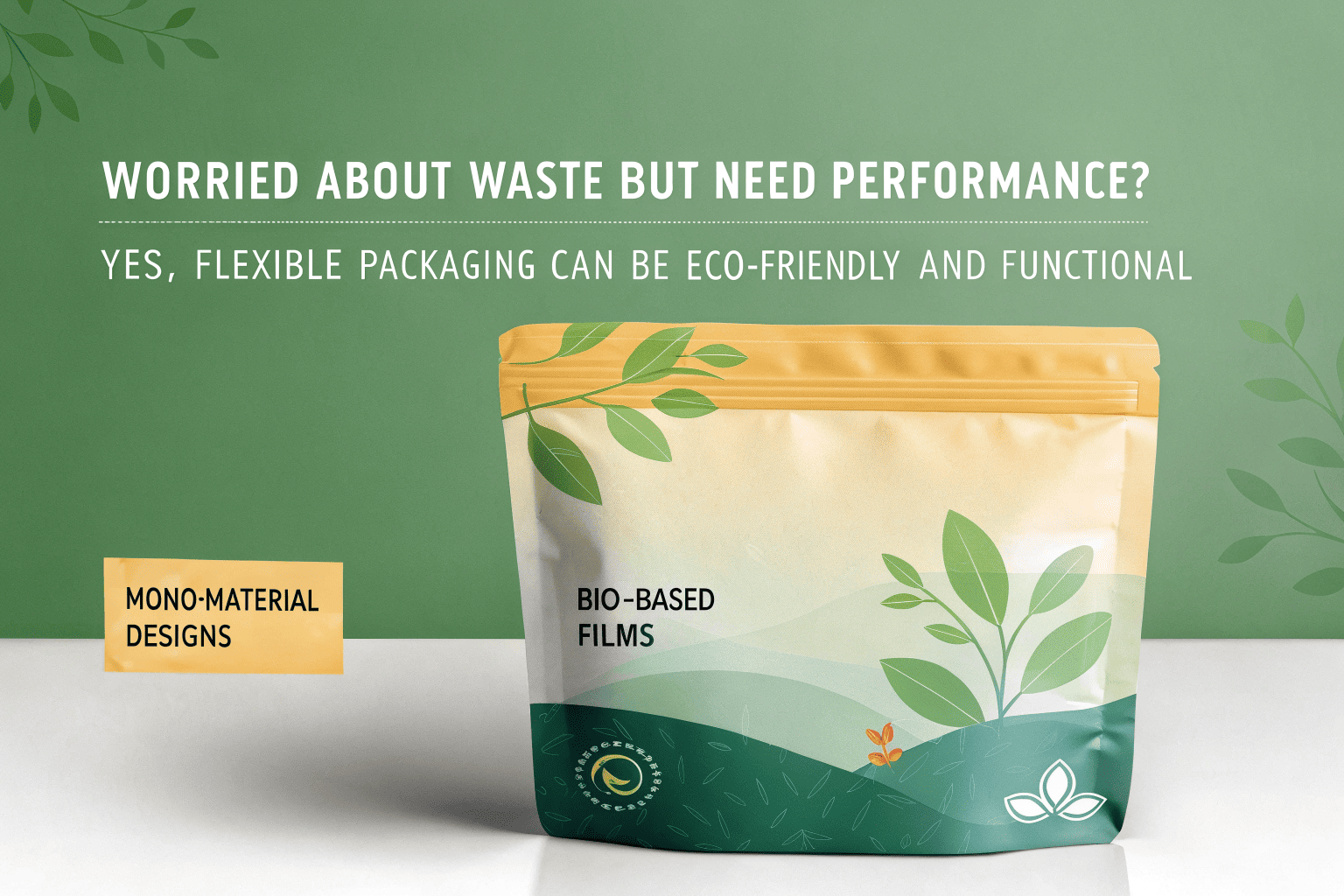 Eco-friendly stand-up pouch with leaf design featuring mono-material, bio-based films for better sustainability