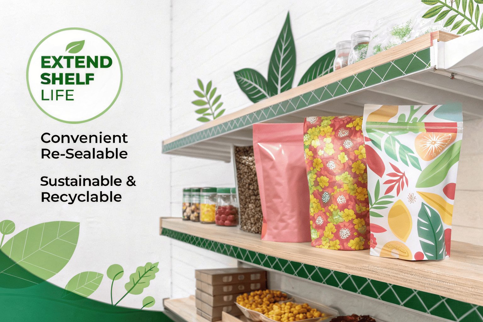 Resealable stand-up pouches with vibrant patterns, promoting extended shelf life and sustainability