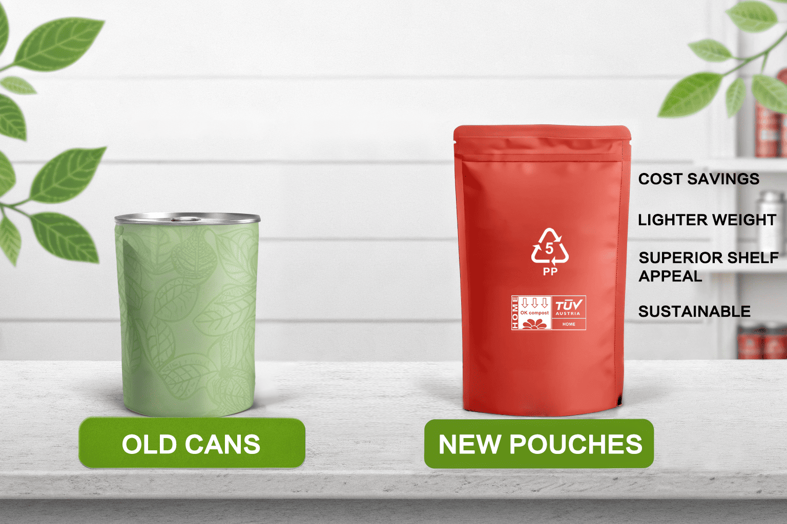 Comparison of old metal can vs new eco-friendly pouch with compost certification and cost savings