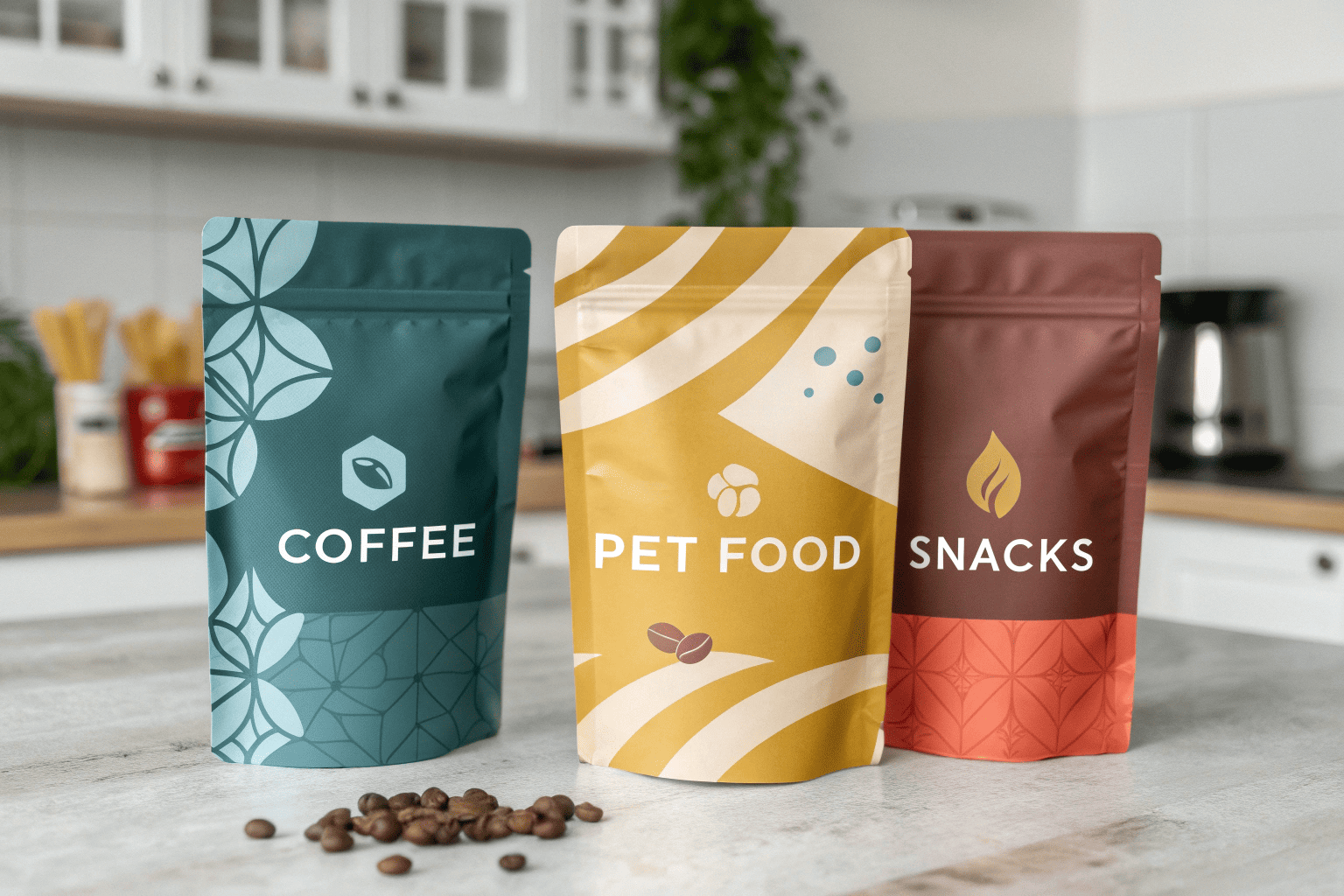 Stand-up pouches for coffee, pet food, and snacks with minimalist abstract designs