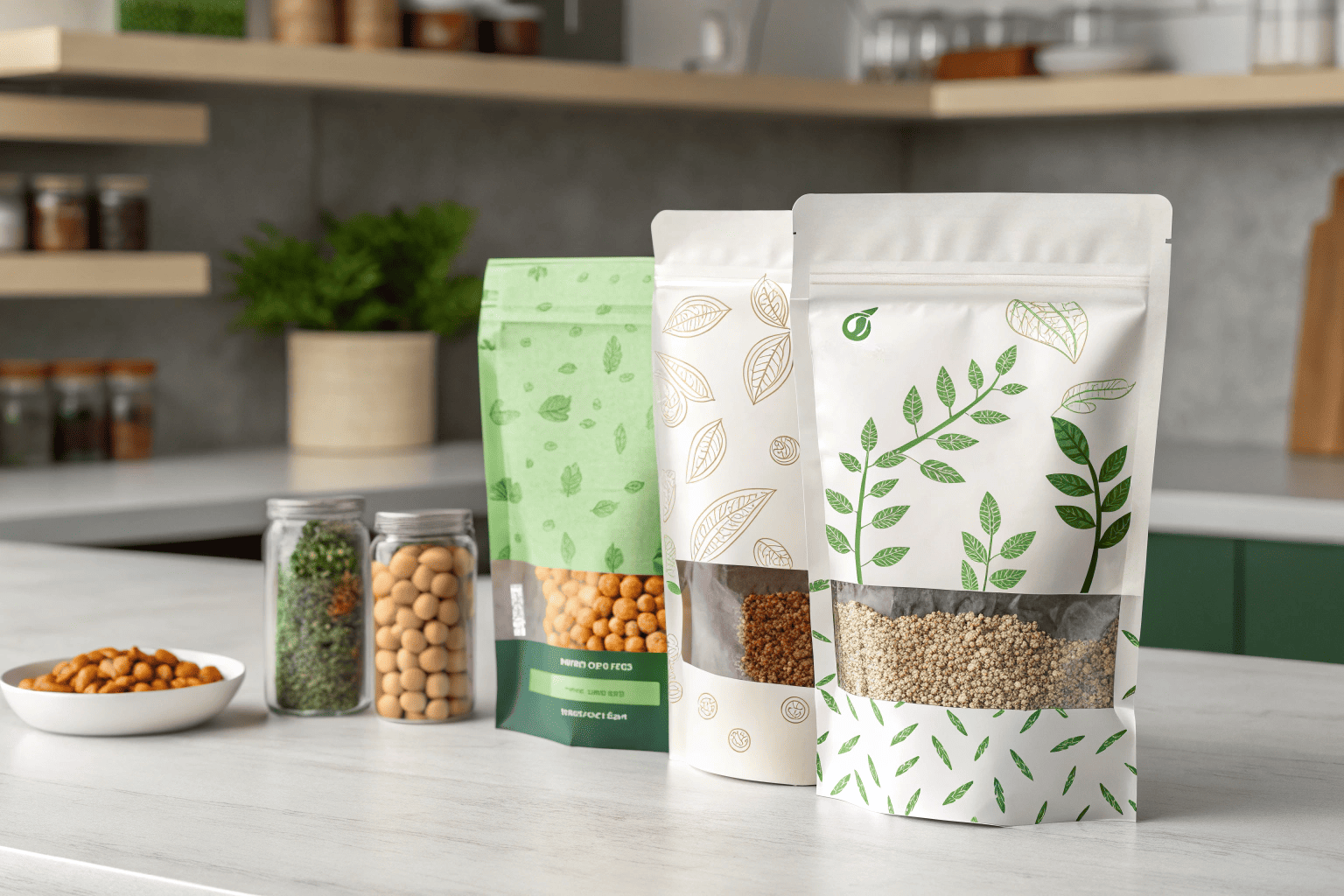 Eco-friendly stand-up pouches with leaf motifs containing grains and nuts in a modern kitchen