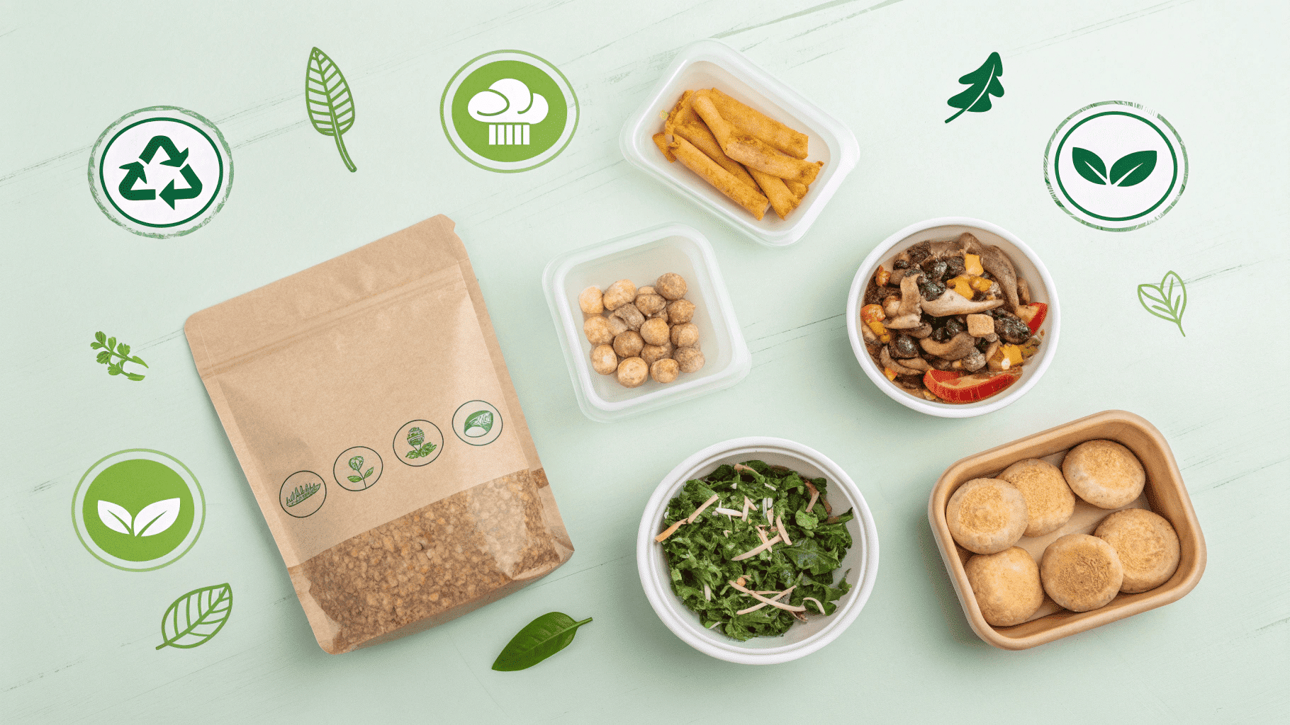 Visual comparison of 7 sustainable packaging solutions featuring biodegradable stand-up pouches, recyclable flat-bottom bags, and plant-based cosmetics packaging innovations
