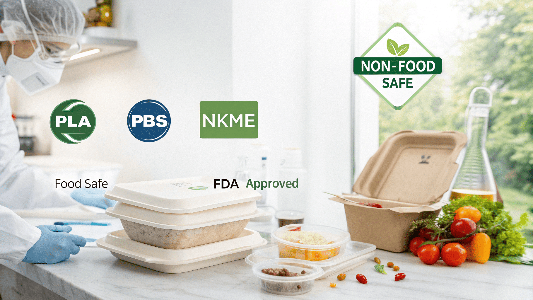 FDA-certified PLA/PBS biocomposite materials ensuring food-safe and non-toxic sustainable packaging compliance