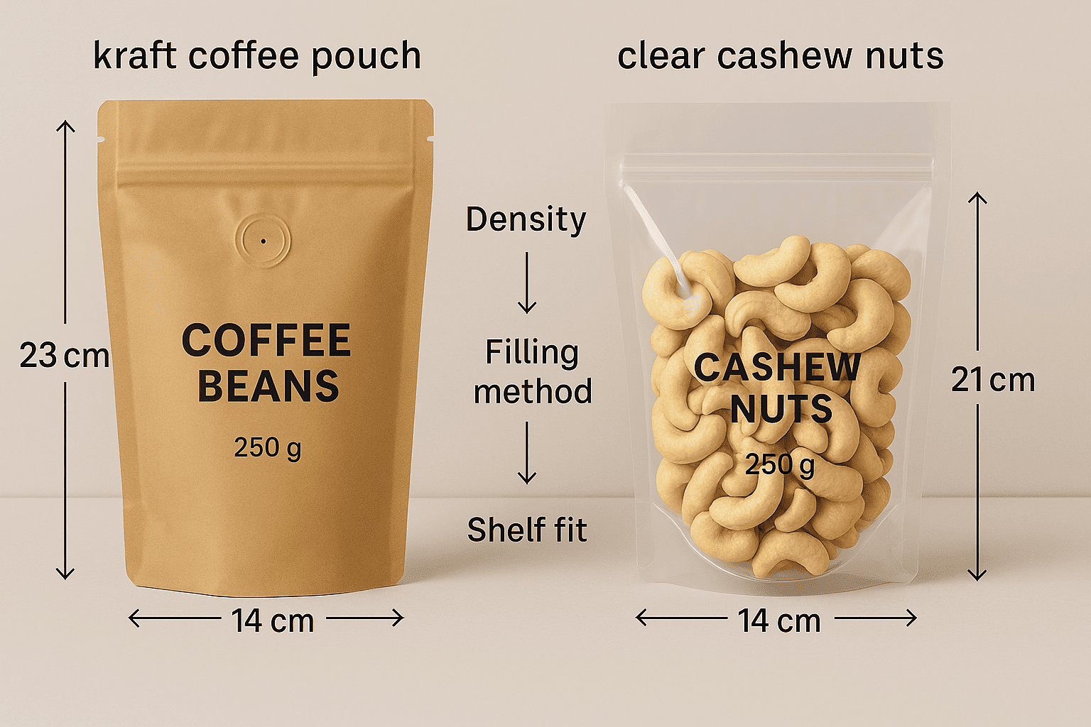 kraft coffee pouch vs clear cashew nuts pouch