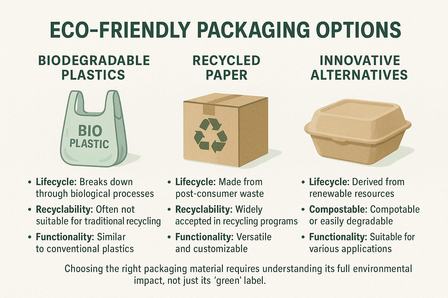 Eco-friendly packaging options, biodegradable plastics, recycled paper, innovative alternatives