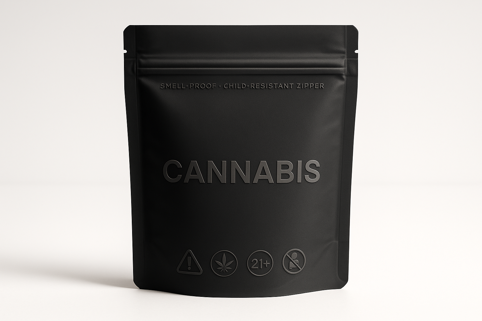 Black matte cannabis pouch highlighting smell-proof and child-resistant zipper features