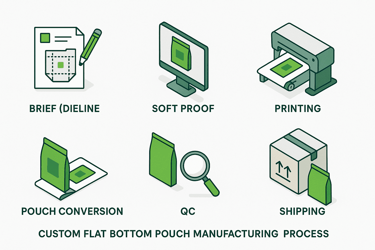 Production timeline — sampling, printing, pouch conversion, packing