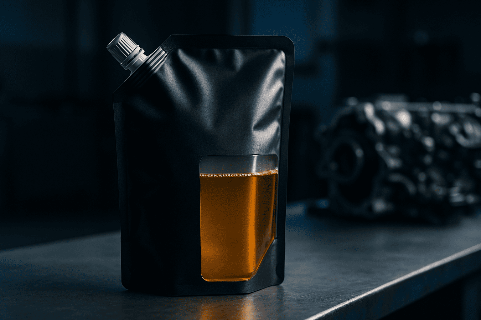Automotive fluid stand up pouch with spout