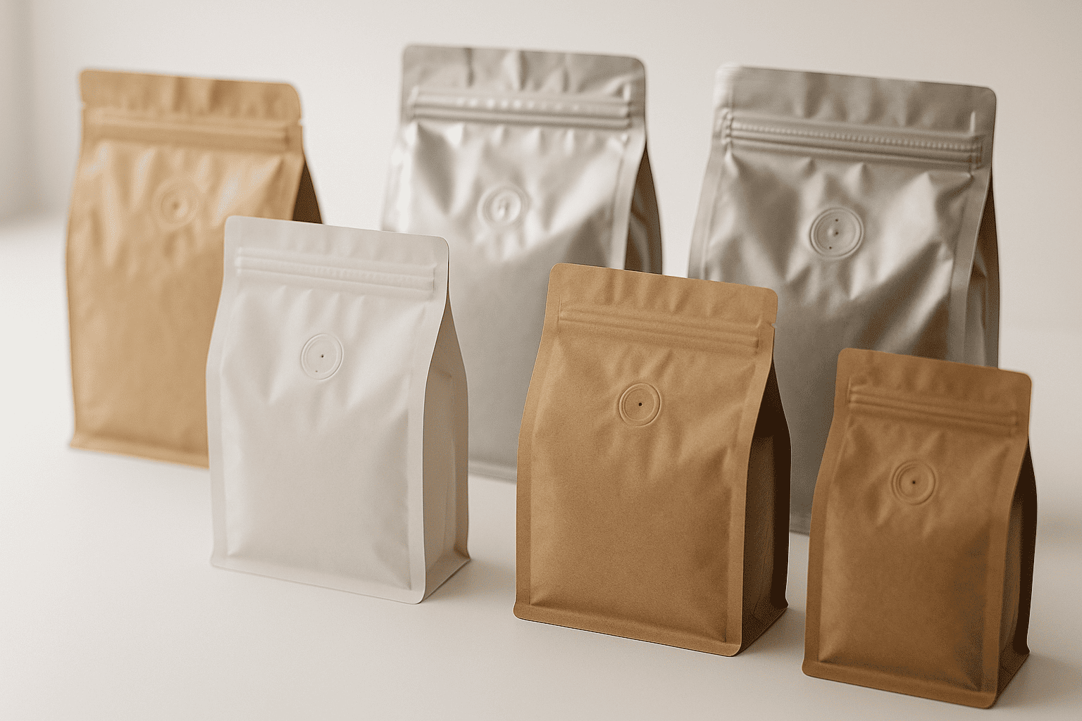 Coffee packaging bags display showing various sustainable options
