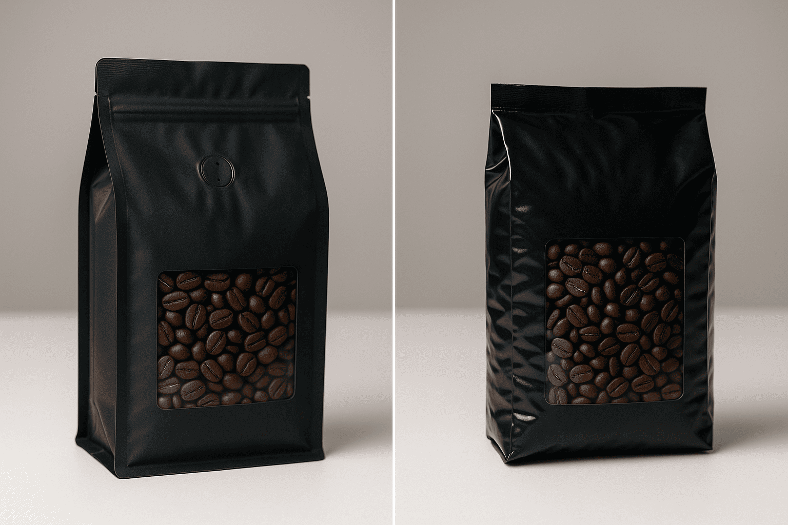 Coffee packaging comparison showing valve bags and vacuum sealed options