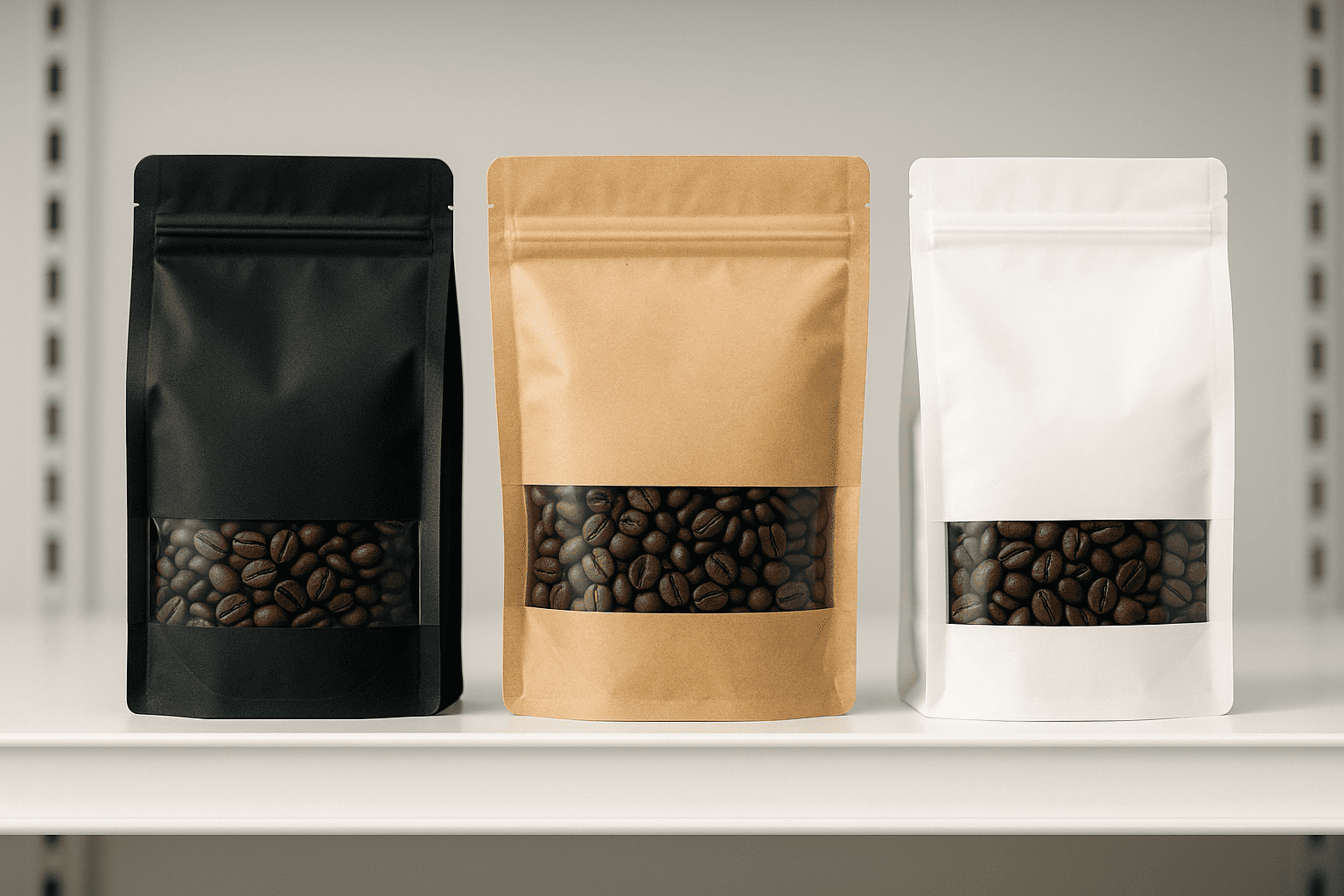 Comparison of different coffee pouch styles on retail shelf