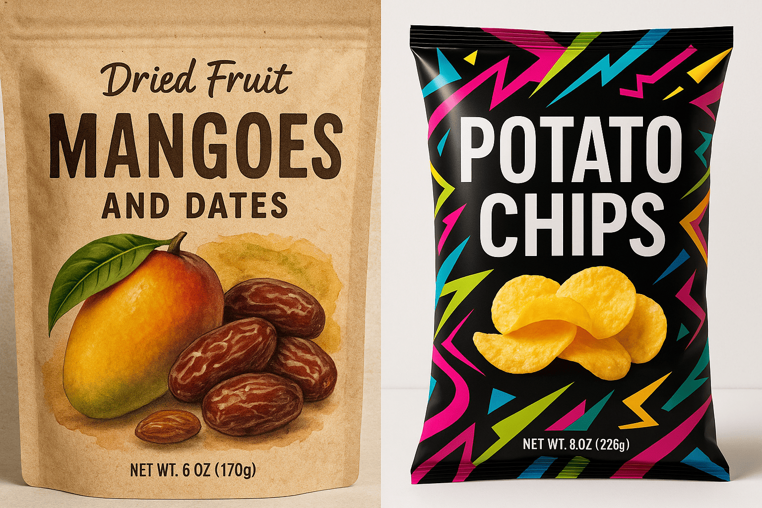 Comparison of dried fruit vs regular snack packaging