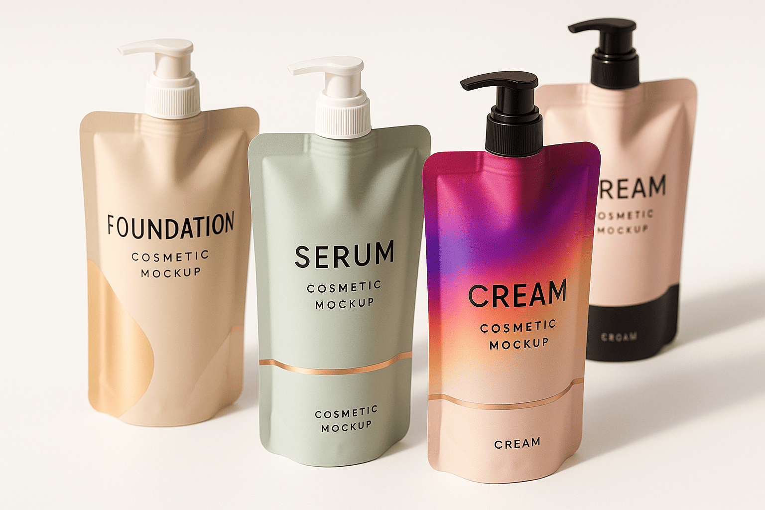 Cosmetic stand up pouches with various designs