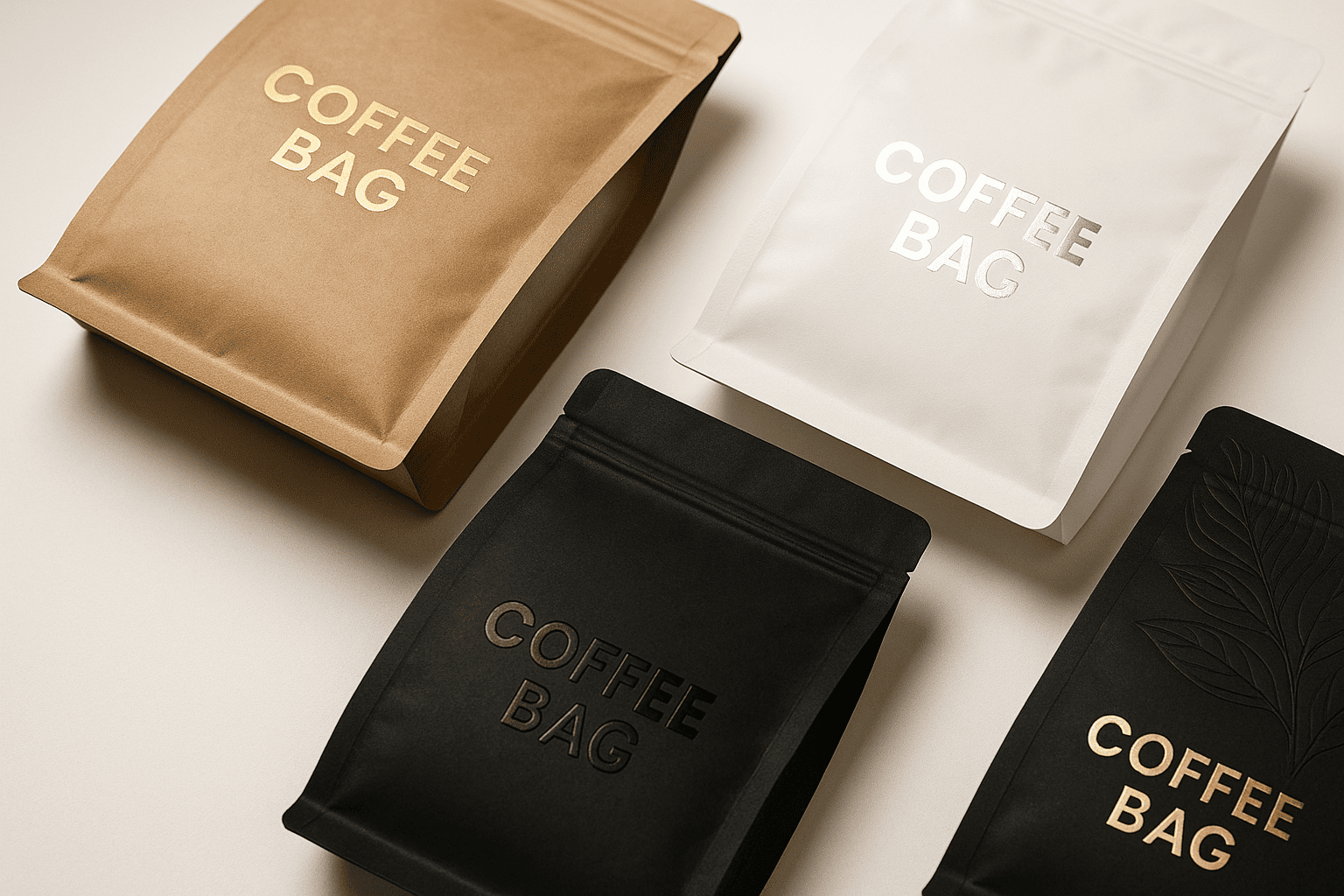 Custom coffee bags with brand logos showcasing different printing techniques