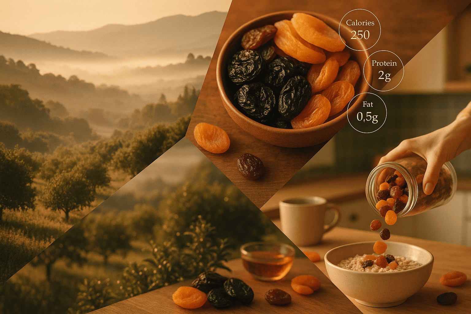 Heritage-health-convenience triangle for dried fruit packaging