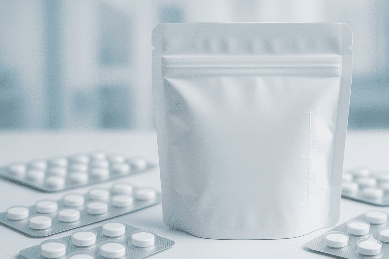 Pharmaceutical stand up pouch with safety features