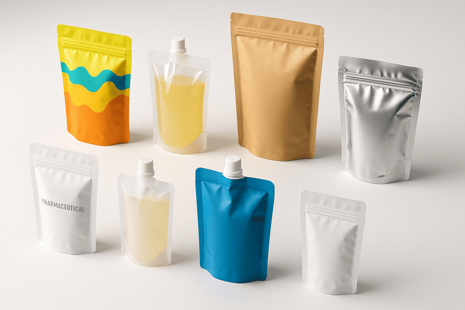 Stand up pouches displayed across different industries