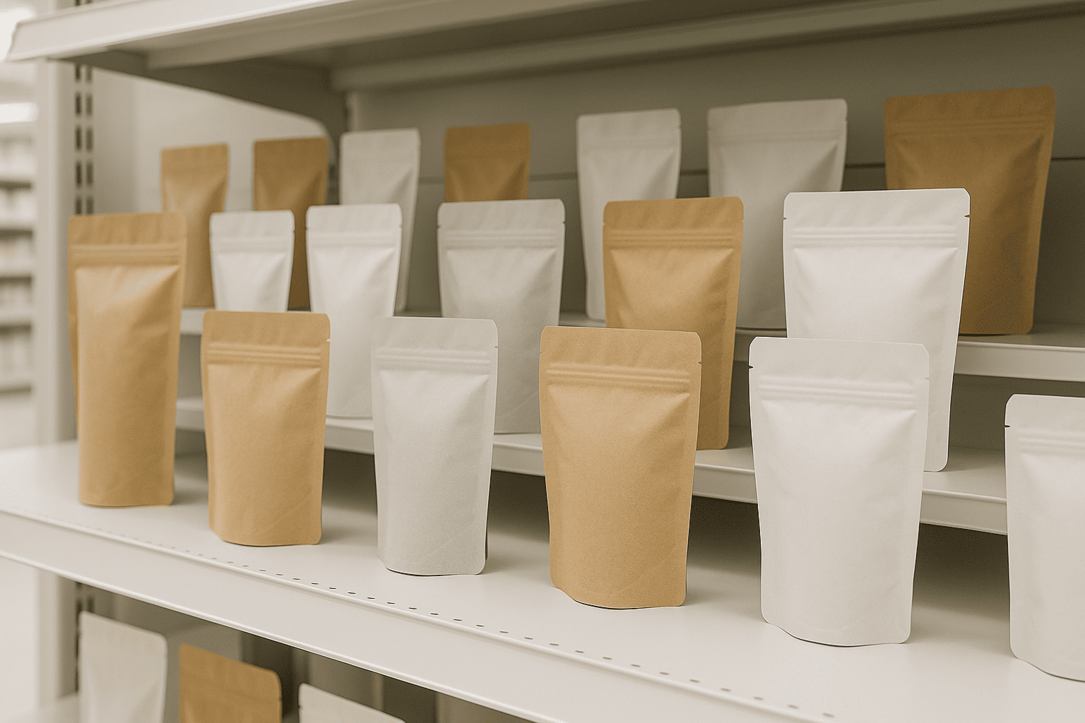 Stand-up pouches displaying on retail shelf