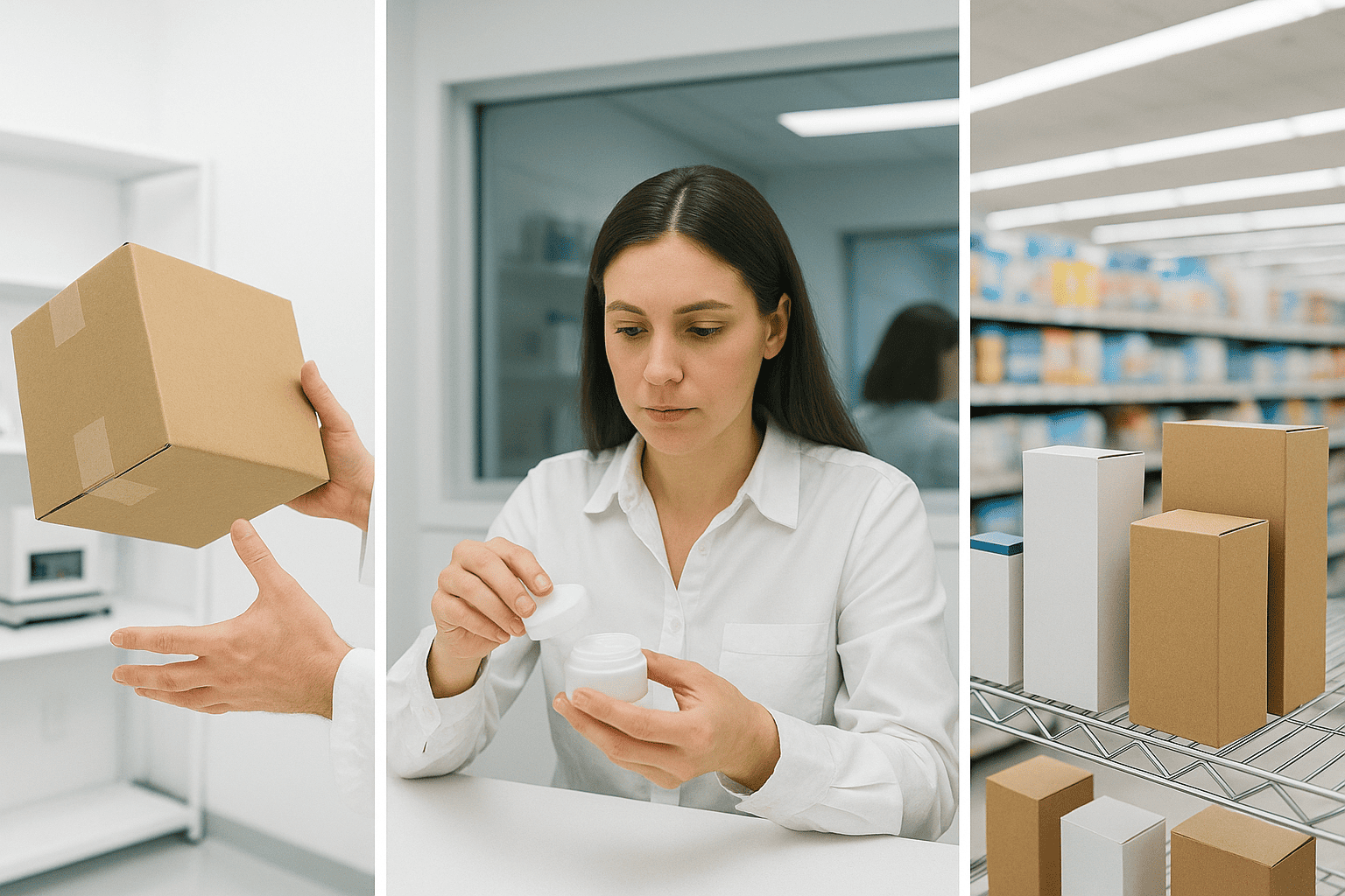 cosmetic packaging process, cardboard boxes, woman testing cream jar in lab