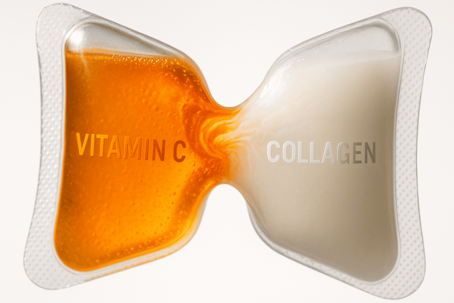 dual chamber sachet packaging, vitamin C and collagen liquid separated