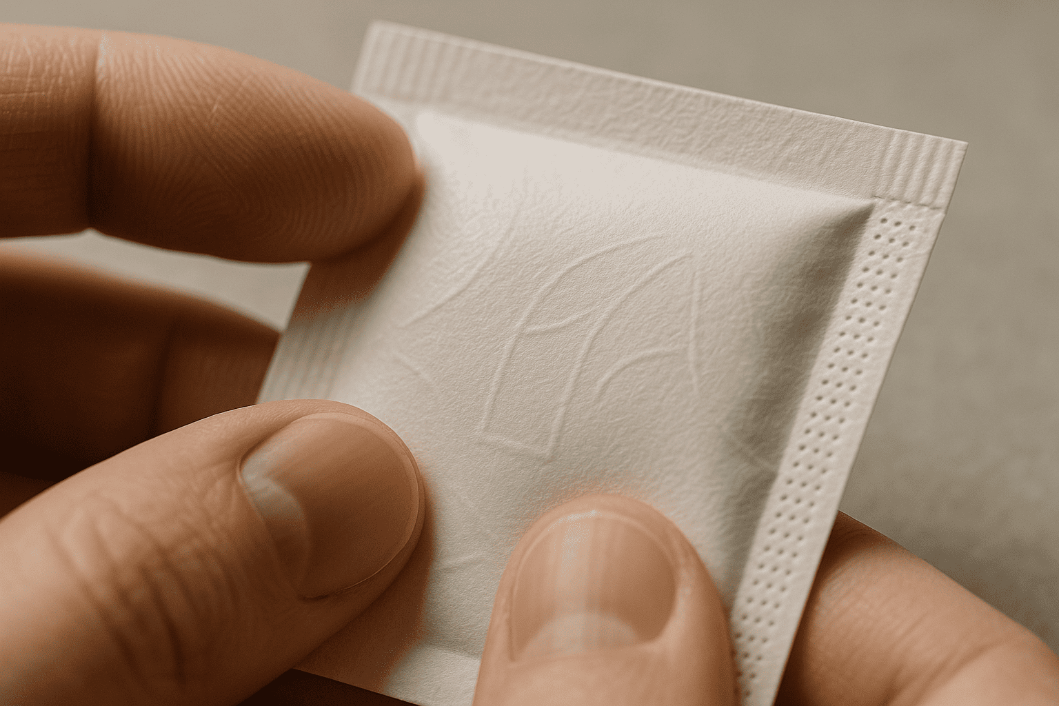 eco friendly sachet packaging, small white paper pouch held by fingers