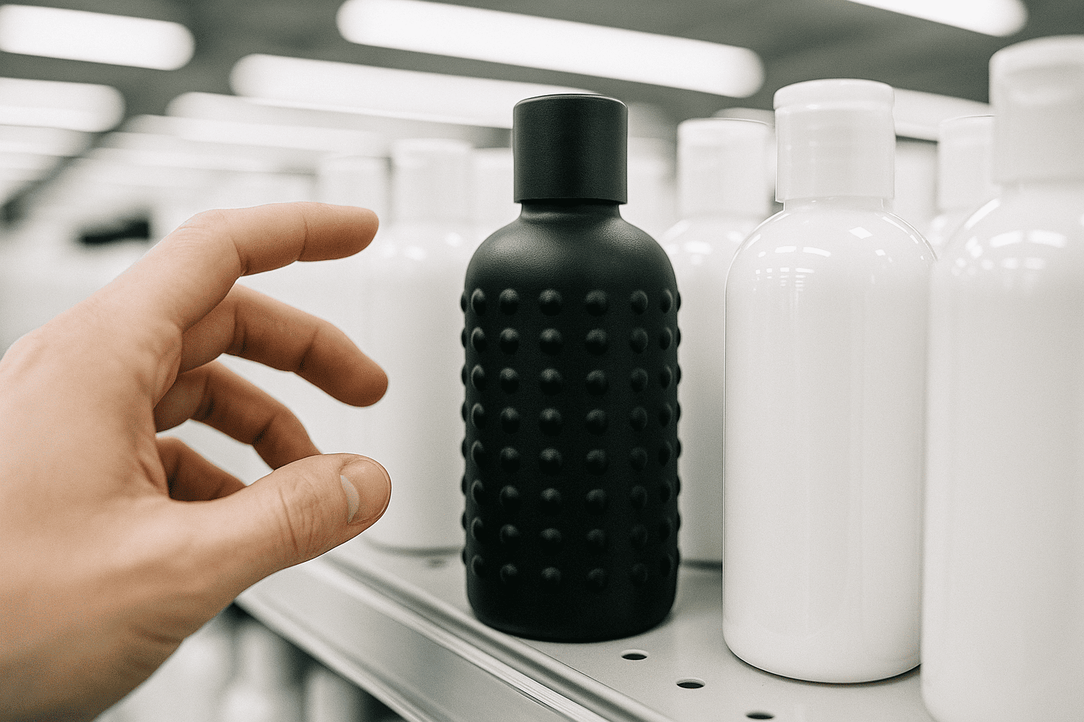 matte black cosmetic bottle, textured design on shelf among white bottles