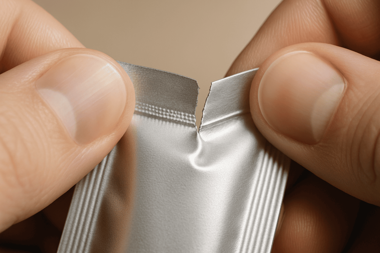 tearing silver foil sachet, close up of fingers opening packaging
