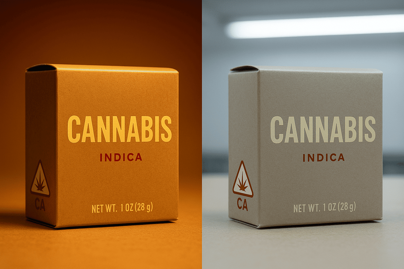Cannabis packaging under different lighting conditions