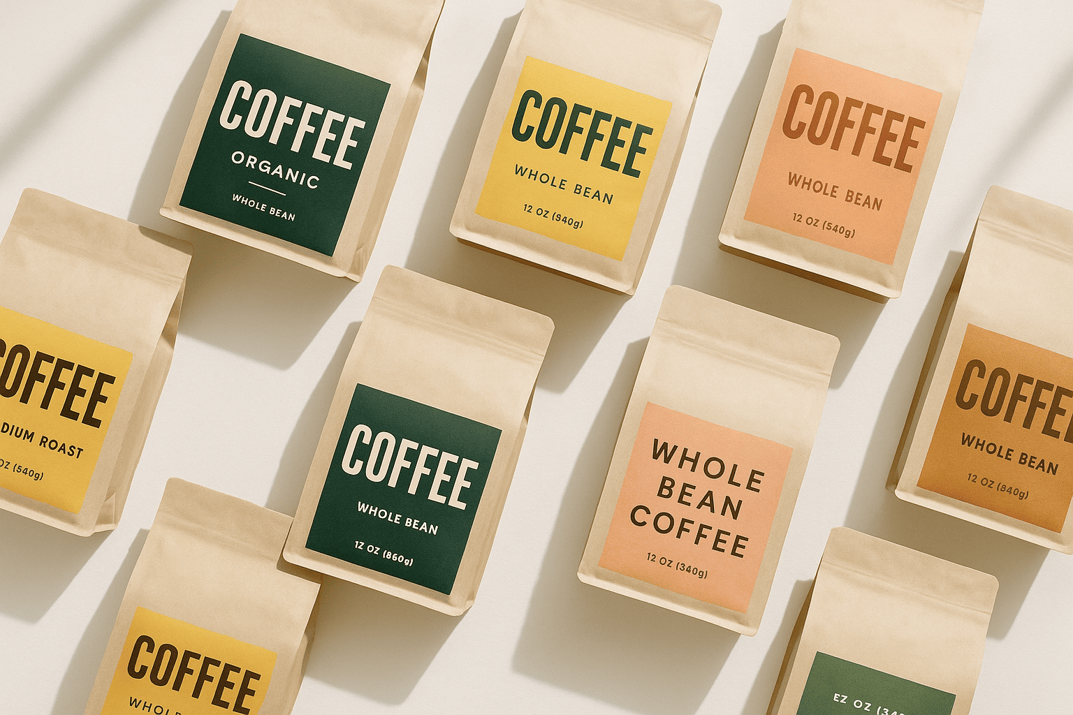 Different label designs on stock coffee bags for testing