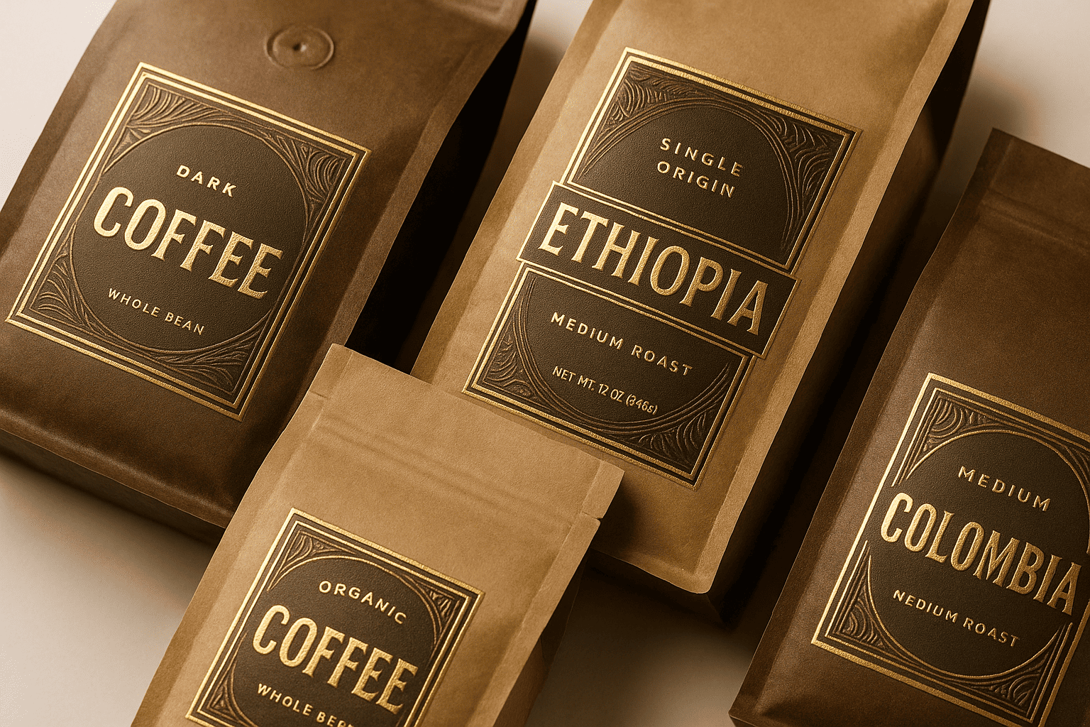 Professional label design on stock coffee bags