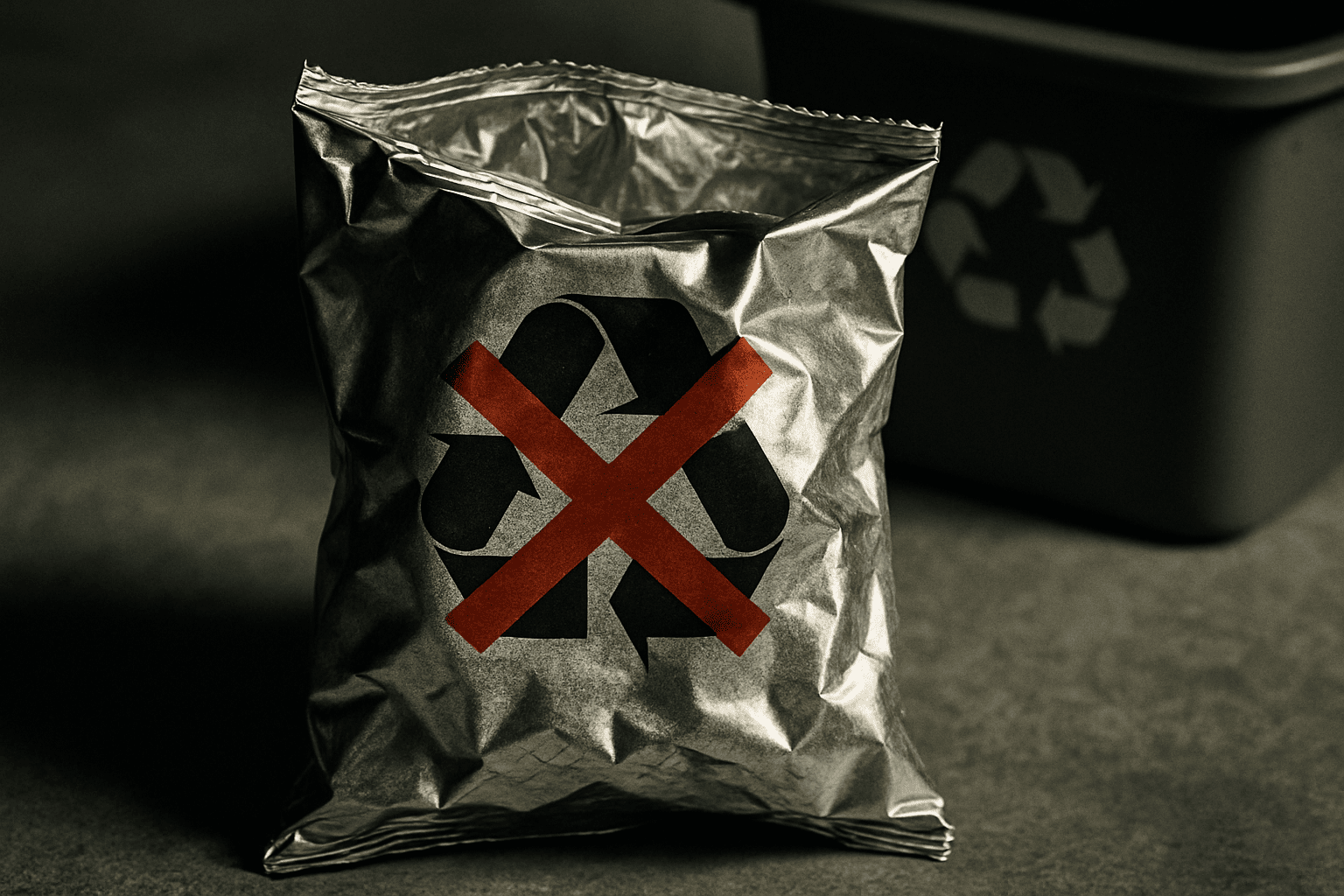 Recycling symbol with X over chip bag