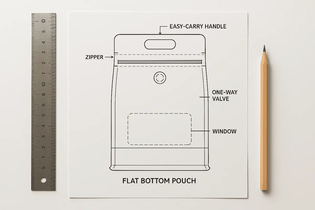 Dieline drawing with valve position callouts