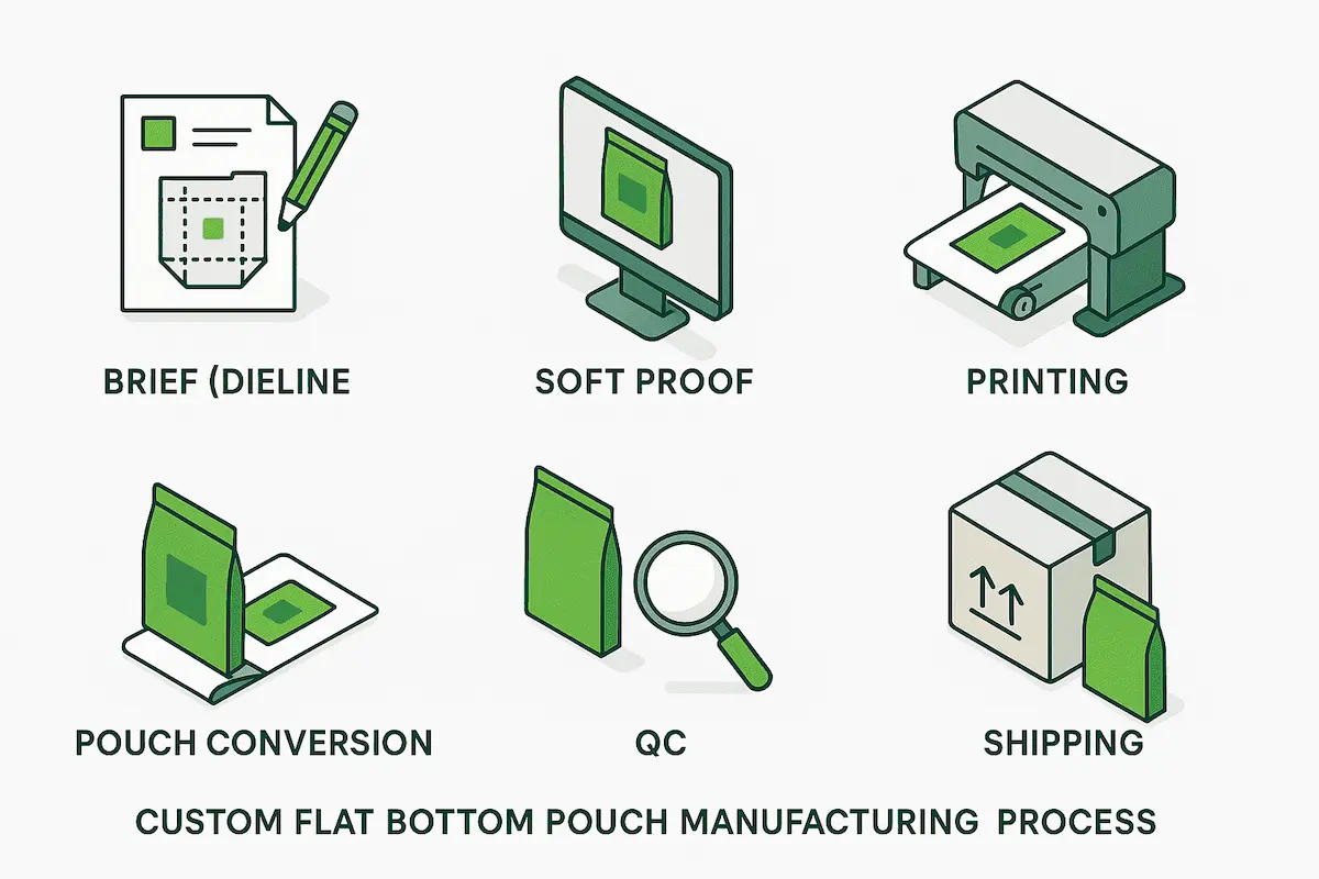 Production timeline — sampling, printing, pouch conversion, packing
